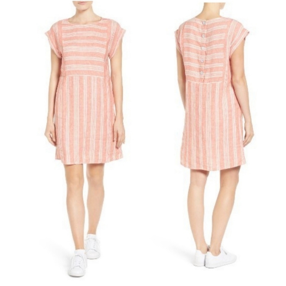 Caslon Orange/White Striped 100% Linen Pullover Short Sleeve Shift Dress - Small